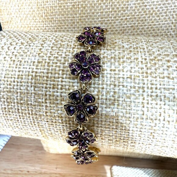 Monet Gold-Tone Floral Bracelet With Purple Rhinestones 7" Fit - Picture 1 of 8